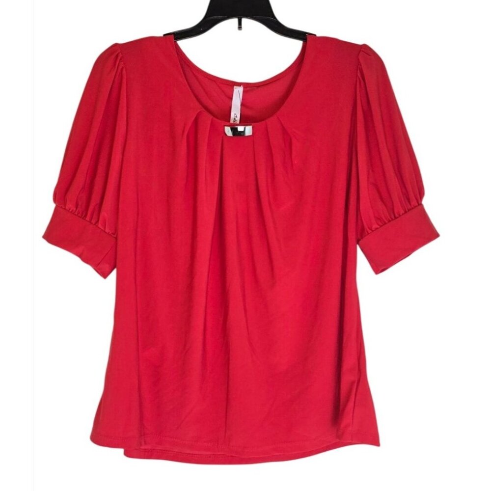 NY Collection Red Half Sleeve Blouse With Pleated Front Design & Metal Accent Si